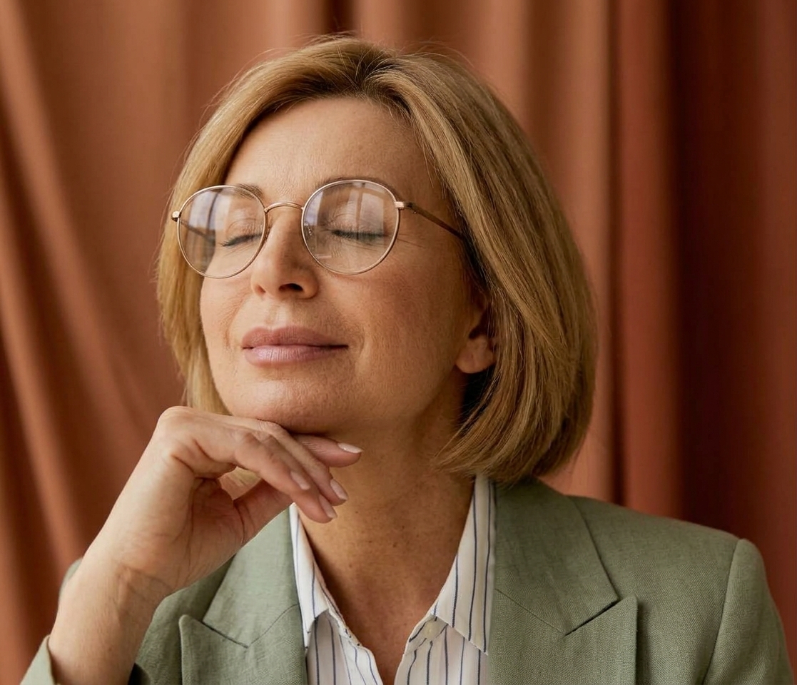 Donna sorridente con occhiali da vista a montatura dorata